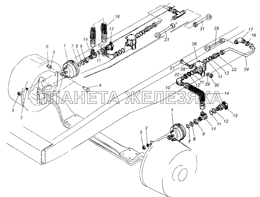 Крепление передних тормозных камер и трубопроводы МАЗ-64226